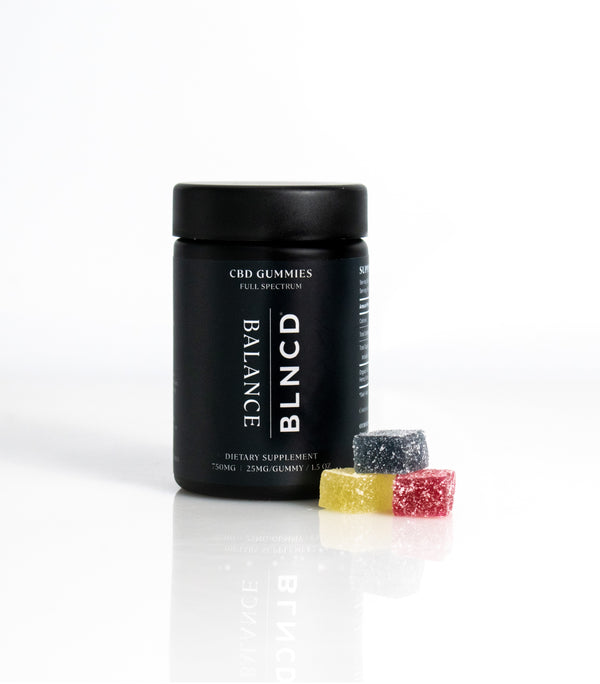 Black Jar with three gummies in a pyramid form. The jar is call BALANCE. 
